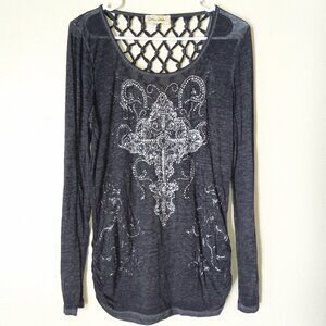 DAVINA Black/Grey Long-Sleeved Top with Large-Fishnet Cutout in Back Women's M